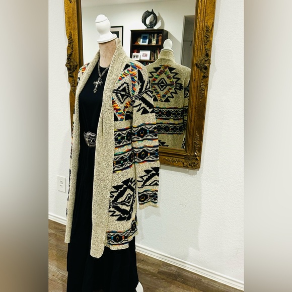 Aztec Tribal Southwestern Cowboy Western Rodeo style long Cardigan Sz Large - Picture 3 of 7